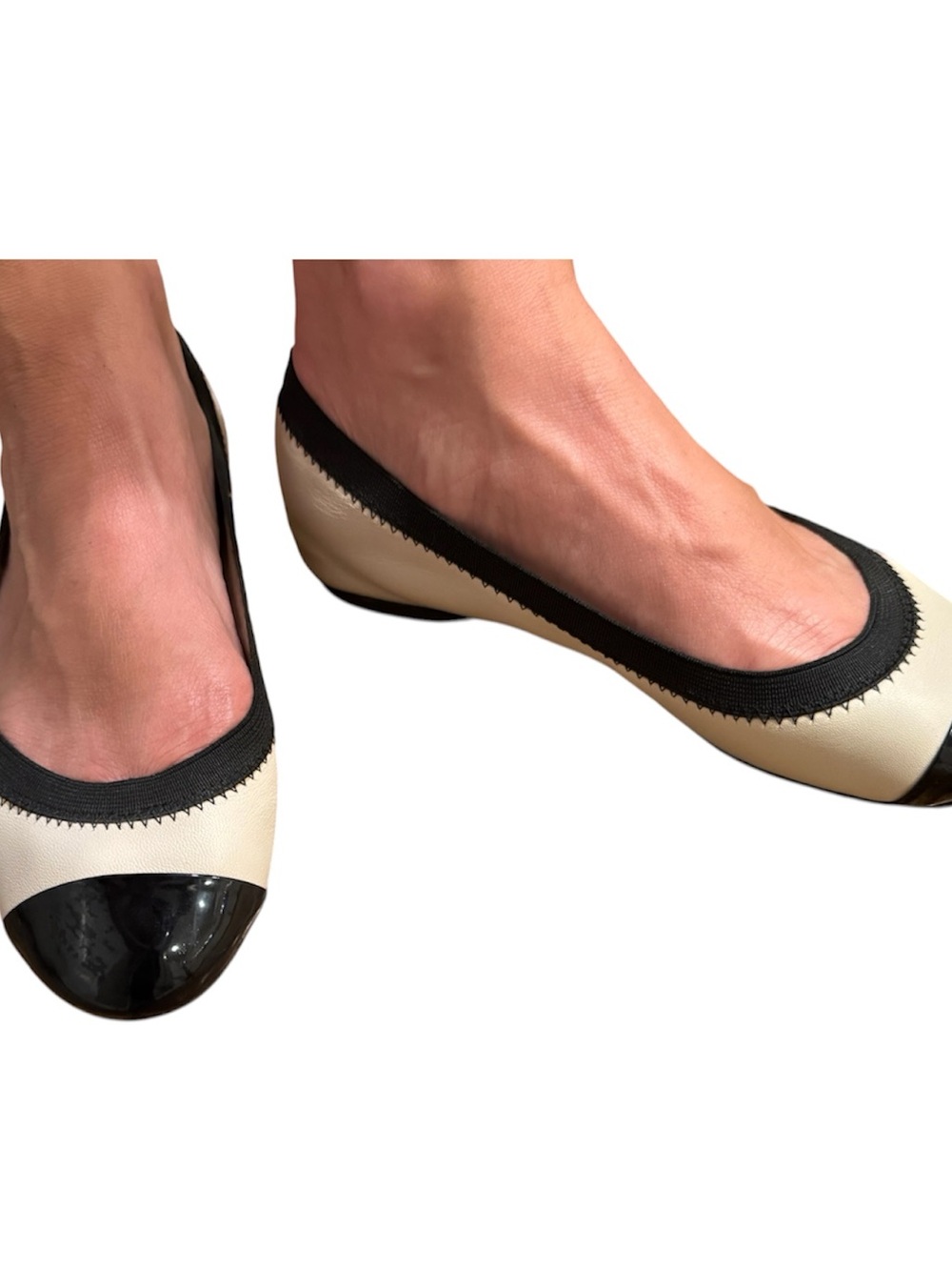 Cole Haan Deltona Two-Tone Cap-Toe Ballet Flats in Cream and Black